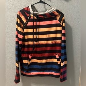 Hoodie- Multicolored striped double hoodie with zipper accents